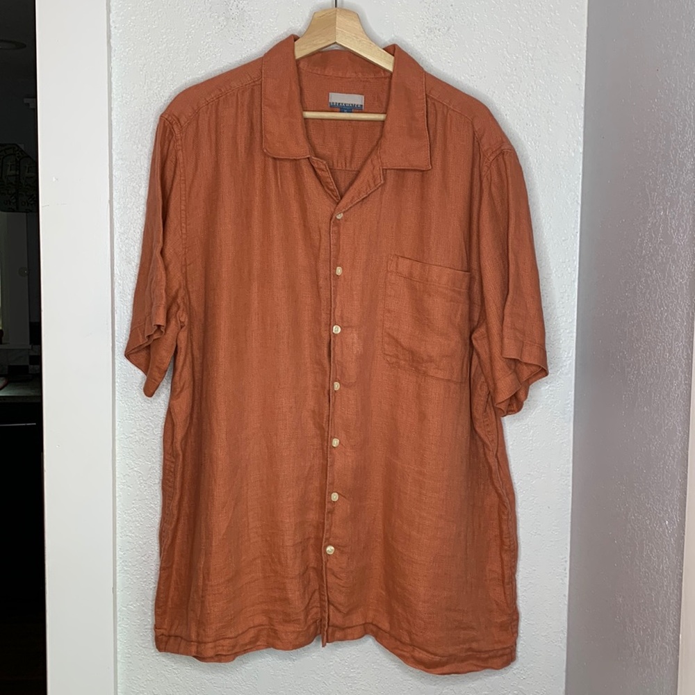 Breakwater 100% Linen button up short sleeve shirt salmon orange